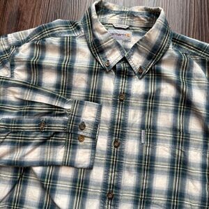 Carhartt Men's Green and Cream Plaid Shirt